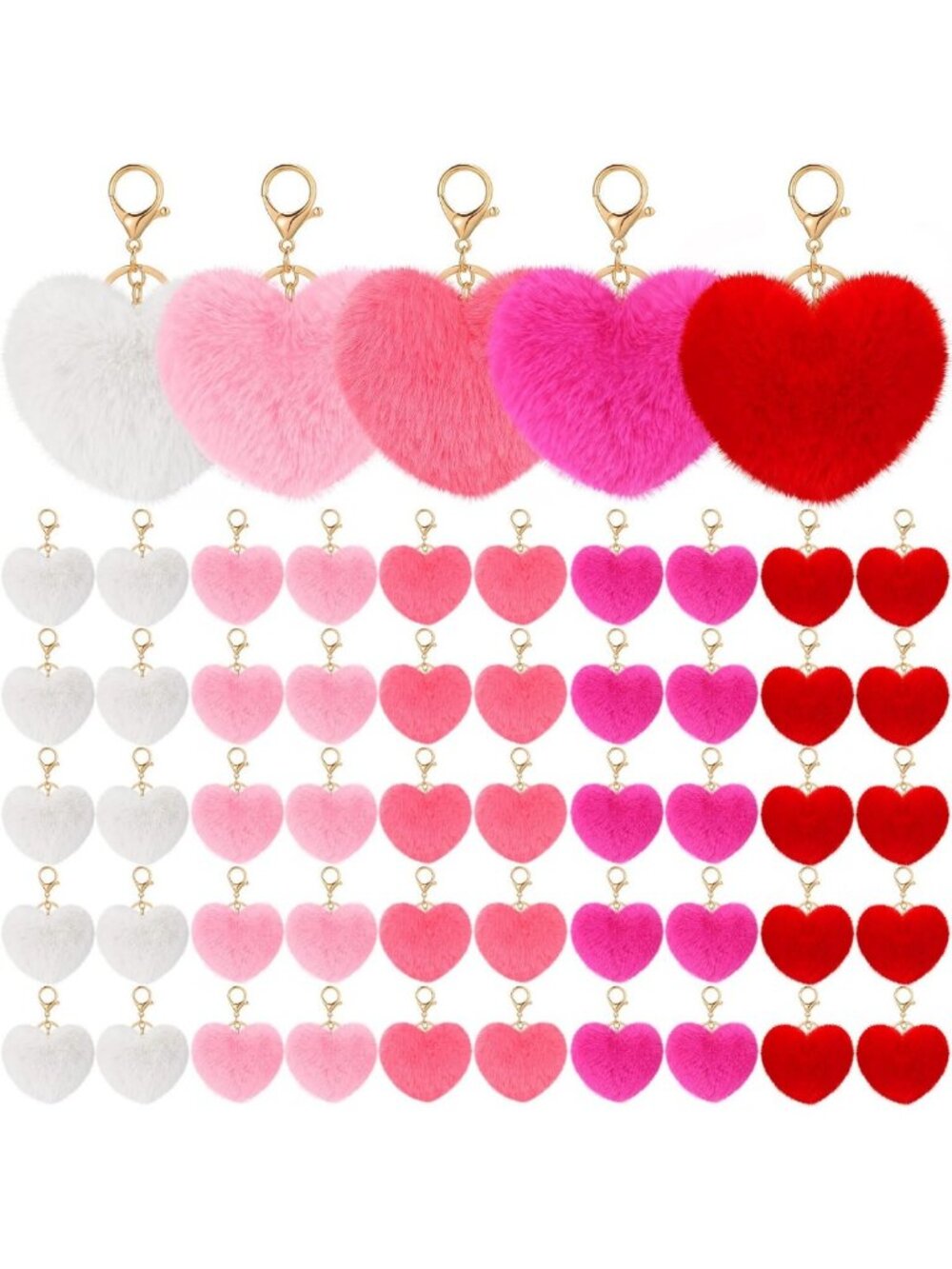 50 Pcs Valentine's Day Heart Pom Poms Keychain - Fluffy Heart Bag Accessory for